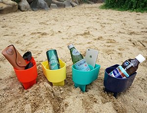 lot 31160 image: Home Queen Beach Cup Holder with Pocket, Multifunctional Sand Cup Holder for Beverage Phone, Beach Accessory Drink Sand Coaster, Set of 4 (Navy, Teal, Yellow and Orange)