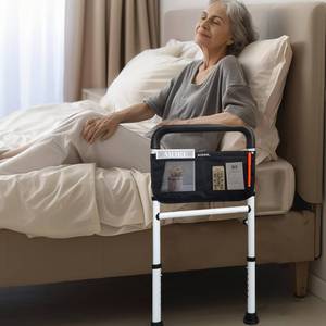 lot 31163 image: Bed Rails for Elderly Adults Safety with Adjustable Heights Storage Pocket Assist Support Side Railings for Seniors Citizens Slides Under Mattressbed Cane Medical Bed Guard Bed Handles Bars (White)