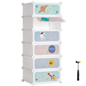 lot 31166 image: SONGMICS Kids Shoe Rack with Doors, 6-Slot Stackable Storage Organizer, Plastic Wardrobe, Toys, Books, Clothes, 12.2 x 16.9 x 41.3 Inches, Cloud White ULPC904W01