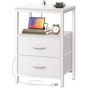 lot 31168 image: Huuger Nightstand with Charging Station, Side Table with Fabric Drawers, End Table with Open Shelf, Bedside Table with USB Ports and Outlets, Night Stand for Bedroom, White