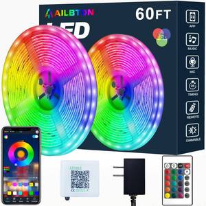 lot 31183 image: AILBTON Led Strip Lights,60ft Music Sync Color Changing, Built-in Mic,Bluetooth App Control LED Tape Lights with Remote,5050 RGB Rope Light Strips