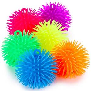 lot 52877 image: Kicko 5.5 Puffer Balls for Kids - 12 Pack with Assorted Colors - Blue, Green, Orange, Yellow, Pink and Purple, with Loop - Sensory Stress Relief and Therapy Toy - Party Favors, Goody Bag Filler