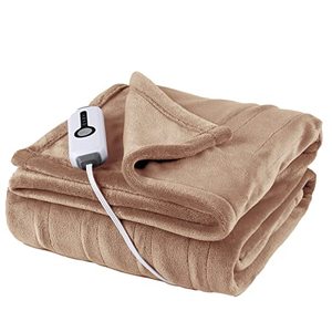 lot 52907 image: Heated Blanket 50 x 60 Inches Double Sided Extremely Soft Flannel Electric Throw Machine Washable Fast Heating with 4 Heating Levels & 3 Hours Auto Off, Home Office Use, Light Brown