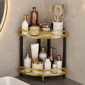 lot 52912 image: YIWANFW Corner Bathroom Counter Organizer, Black Gold Bathroom Organizer Countertop, 2 Tier Corner Shelf Counter Bathroom Sink Organizer, Corner Bathroom Vanity Storage Perfume Tray Skincare Organizer
