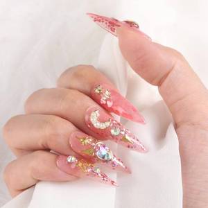 lot 52932 image: Kaquee-Really Handmade Press on Nails Long,Luxury Golden Stiletto Fake Nails Y2k,Glue Stick on Nails with Butterfly Bling Rhinestones,Nail Art Gifts for Women Girls (Pink, M)