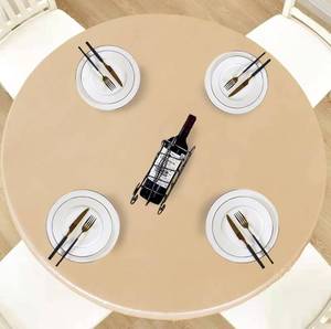 lot 52974 image: LUSHVIDA Round Waterproof Table Cover Elastic Tablecloth Vinyl Fitted Table Cover Elastic Edged Plastic Table Cover Fits Tables up to 45-56 R Champagne