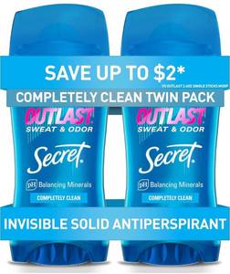 lot 52976 image: Secret Outlast Antiperspirant and Deodorant for Women, Invisible Solid, Completely Clean Scent, 2.6 oz (Pack of 2)