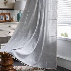 lot 52977 image: ColorBird Farmhouse Semi-Blackout Window Curtains 2 Panels Embroidery Lattice Cotton Linen Darkening Curtains with Tassel Rod Pocket Window Drapes for Dining Living Bedroom (52 W x 63 L, Grey)