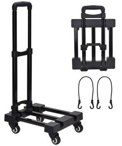 lot 52992 image: Lougnee Folding Hand Truck, 4 Wheels Fold Up Hand Cart with 2 Elastic Ropes, Portable Foldable 220 lbs Capacity Heavy Duty Luggage Cart, Utility Dolly Platform Cart for Car House Office Moving, Black