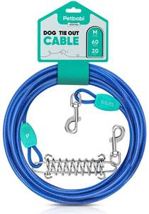 lot 53004 image: Petbobi Dog Tie Out Cable, 20ft Dog Tether for Yard, Camping, No Tangle Leash with Heavy Duty Buffer Spring, Chew Proof Wire Rope with PVC Coating, Suitable for Medium Dogs Up to 60lbs, Blue