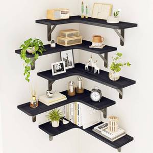 lot 53007 image: Fixwal Corner Floating Shelves, Wall Mounted Corner Shelf Set of 5, Rustic Wood Wall Shelves for Bathroom, Kitchen, Bedroom or Living Room (Black)