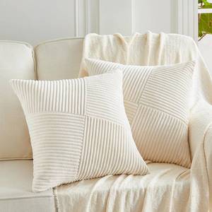 lot 53011 image: Fancy Homi Set of 2 Cream Boho Cute Decorative Throw Pillow Covers 18x18 Inch with Diagonally Pattern for Couch Bed Sofa, Soft Corduroy Neutral Accent Modern Farmhouse Organic Home Decor 45x45 cm