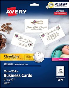 lot 52972 image: Avery Clean Edge Printable Business Cards with Sure Feed Technology, 2 x 3.5, Ivory, 200 Blank Cards for Laser Printers