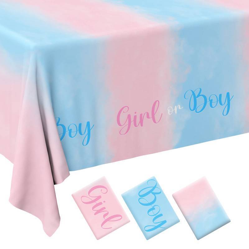 lot 1233 image: Gender Reveal Party Supplies Disposable Tablecloth - Includes 3 Pack of 54X108inch Waterproof Plastic Table Covers for Boy or Girl Gender Reveal Party, Baby Shower, and Birthday Party Decorations Retail $10.93
