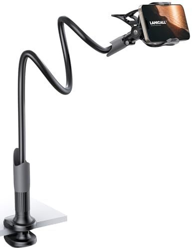lot 1201 image: Gooseneck Phone Holder for Bed - Cell Phone Mount Clamp for Desk, Flexible Long Arm Headboard Bedside Clip, Overhead Mount Stand for 4-7 Phone Black Retail $29.63
