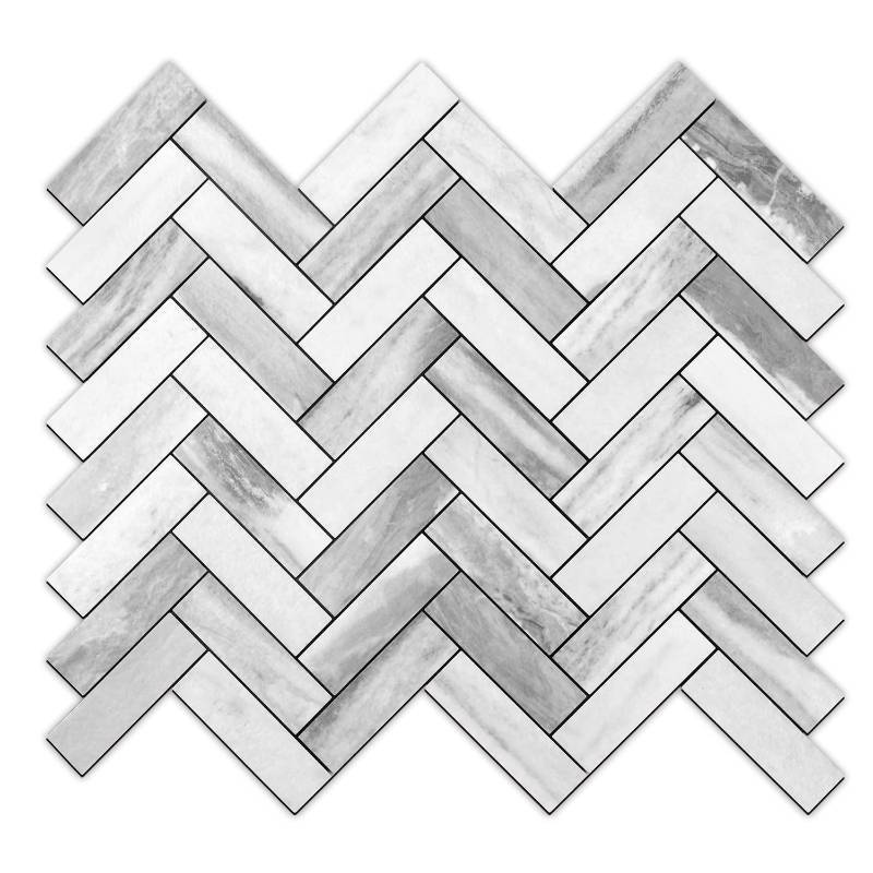 lot 1266 image: Herringbone Peel and Stick Backsplash, 7 Sheets Marble Grey Look Stick on&nbsp Self Adhesive Tiles Retail $30.98