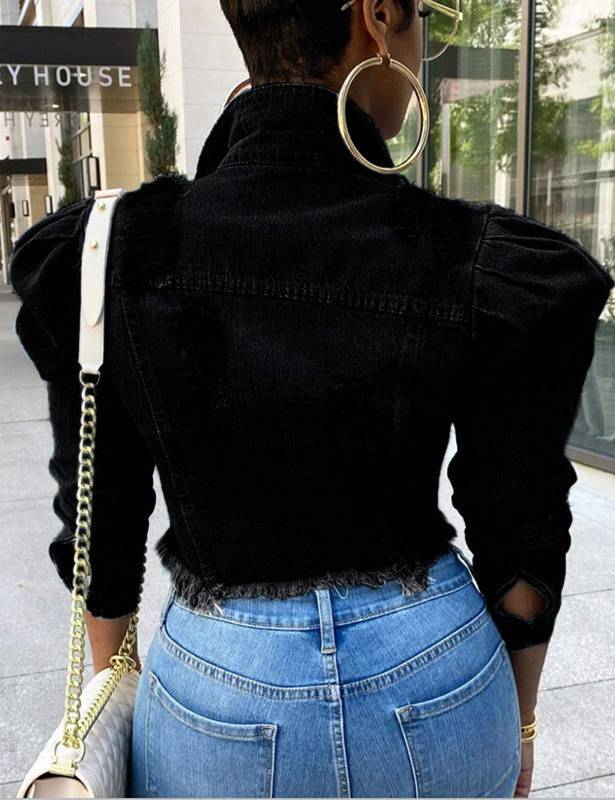 lot 1293 image: Womens Ripped Puff Sleeve Denim Crop Top Long-Sleeve Cropped Jean Jacket(1676-Black-3XL) Retail $31.50