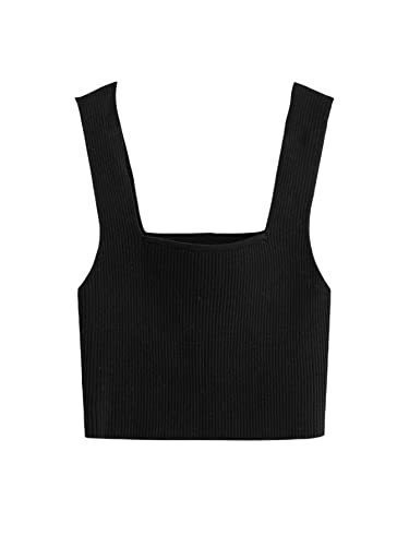 lot 1295 image: Womens Square Neck Sleeveless Solid Ribbed Knit Crop Top Tank Black S Retail $26.81
