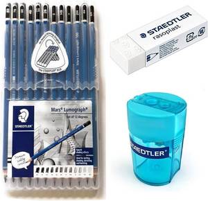 lot 1093 image: Wooden Lead Pencil By Staedtler Mars Lumograph - Pack of 12 Degrees in Practical Plastic Storage Box with Staedtler Tub Sharpener and Rasoplast Eraser Retail $21.43