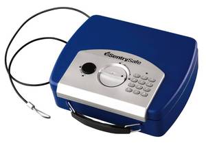 lot 1004 image: SentrySafe Small Blue Safe with Digital Keypad, Lock Box for Dorm or Travel can Store Money, Jewelry, Passports, .08 Cubic Feet, Exterior 2.9 x 10 x 7.9 inches, P008EBLU Retail $37.23
