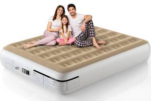 lot 1005 image: Ezyrest 13 Inches Air Mattress Queen with Built in Pump, Inflatable Mattress for Camping & Guest, Blow Up Mattress with Soft Flocked Top, Foldable Queen Air Mattress with Built in Pump Beige and White Retail $49.98