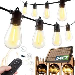 lot 1007 image: addlon 54(486) FT Solar String Lights Outdoor Waterproof with USB Port & Remote Control Solar Patio Lights Long Last for 20Hrs Dimmable Solar Power LED Bulbs for Porch Garden Market Bistro Retail $37.49