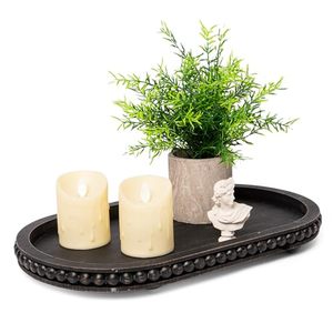 lot 1023 image: HPC Decor 15in Oval Tray for Home Decor - Black Wood Beaded Tray - Decorative Serving Tray,Rustic Farmhouse Wooden Trays for Vintage Centerpiece,Kitchen Counter,Living Room Decor,Coffee Table Decor. Retail $33.60