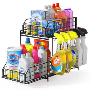 lot 1024 image: SUEH DESIGN Under Sink Organizer, 2 Tier Bathroom Cabinet Organizer Metal Kitchen Sink Organzier with Hanging Rail for Kitchen Bathroom Organization and Storage, 1 Pack Retail $43.74