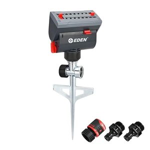lot 1033 image: Eden 94145 4-Way Adjustable Mini Turbo Oscillating Sprinkler with Step Spike Gear Drive, Heavy Duty, Gardening Watering System, Garden&Lawns, Coverage up to 4069sq.ft Retail $48.32