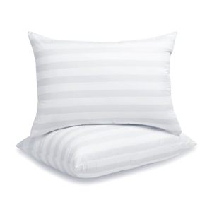 lot 1069 image: LAVANCE Pillows Queen Size Set of 2 Hotel Collection Pillows 3D Down Alternative Fiber Filling Soft Bed Pillows for Back, Stomach or Side Sleepers-1.2 White Striped, 20x28 Retail $23.74