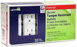 lot 1077 image: Leviton T5325 15 Amp Decora Tamper-Resistant Duplex Electrical Wall Outlet - White, 10 Pack Retail $35.59