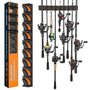 lot 1097 image: PLUSINNO V9 Vertical Fishing Rod Holders, Wall Mounted Fishing Pole Holders, Fishing Rod Rack Holds Up to 9 Rods or Combos, Fishing Rod Holders for Garage, Fits Most Rods of Diameter 3-19mm Retail $19.99