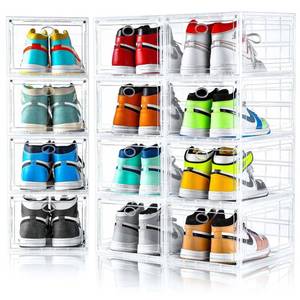 lot 1111 image: Amllas 12 Pack Clear Shoe Boxes Stackable,Shoe Storage Boxes for Closet,Sturdy Shoe Box Storage Containers with Clear Door,Sneaker Storage,Easy to Assemble,Fit up to US Size 12(13.8��x 9.84��x 7.1��) Retail $63.90