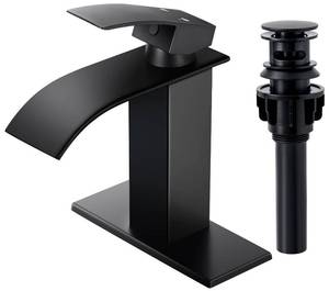 lot 1113 image: Qomolangma Waterfall Bathroom Faucet, Matte Black Modern Single Handle Bathroom Faucets for 1 or 3 Hole Bathroom Sink Faucet Mixer Tap Washbasin Faucet with Deck, Pop-up Drain and Supply Hoses Retail $42.49