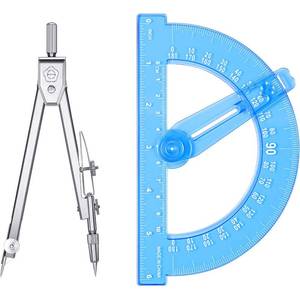 lot 1131 image: Student Geometry Math Set, Drawing Compass and 6 Inch Blue Swing Arm Protractors 180 Degree Math Protractor (Style 2) Retail $9.99
