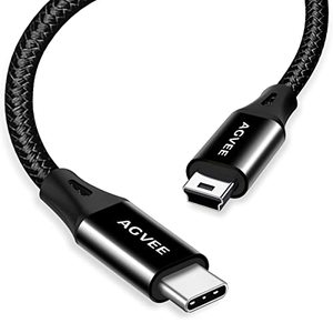 lot 1134 image: AGVEE 2 Pack 1ft USB-C to Mini USB Cable, Braided Durable Mini-B 5-Pin to Type-C Data Charging Charger OTG Cord for Hero 3, PS3 Controller, Canon Nikon Camera, GPS, Blue Yeti, Black Retail $12.49