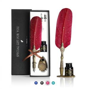 lot 1136 image: VANGOAL Vintage Carving Feather Pen Set, Glittering Quill Pen Set Antique Calligraphy Writing Dip Pen with Ink, 2 Replacement Nibs, Pen Stand Base, Luxury Vintage Signature Pen (Red) Retail $17.48