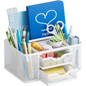 lot 1224 image: Marbrasse Mesh Desk Organizer, Pen Organizer with 2 Drawer, Multi-Functional Pencil Holder for Desk, Desk Organizers and Accessories with 5 Compartments  Drawer for Office Art Supplies (White) Retail $17.49