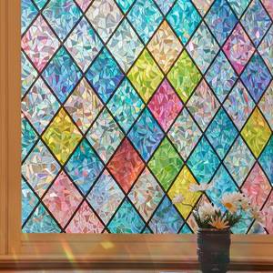 lot 1229 image: Coavas Window Privacy Film Stained Glass Window Clings 3D Rainbow Film for Glass Door Decorative Colorful Lattice Stickers Static Cling Sun Blocking Window Coverings for Home, 17.5 x 78.7 inch Retail $12.49
