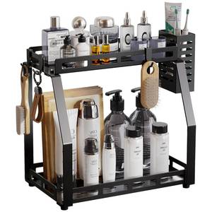 lot 1268 image: junyuan Bathroom Organizer with Toothbrush Holders,2 Tier Spice Rack Organizer for Countertop,Standing Seasoning Organizer,Kitchen Countertop Organizers and Storage Shelf,Metal,Black Retail $28.74