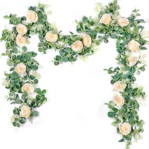 lot 1279 image: Der Rose 2 Pcs 13Ft Artificial Eucalyptus Flower Garland with Fake Rose Flower Vine Seeded Eucalyptus Leaves Greenery Garland for Wedding Table Backdrop Party Centerpiece Room Decor (Champagne) Retail $25.99