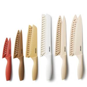 lot 1285 image: CAROTE 12 Pieces Kitchen Knife Set, Stainless Steel Knife Set With Nonstick Ceramic Coating, Dishwasher Safe with 6 Blade Guards, Rustproof, Brown Retail $24.99