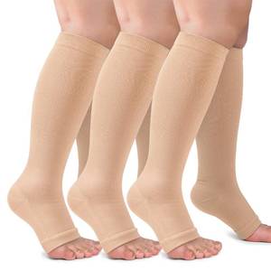 lot 1309 image: 2 Pack Plus Size Open Toe Compression Socks for Women & Men Wide Calf, Toeless Knee High Stockings for Circulation Support, Nude XX-Large Retail $28.74