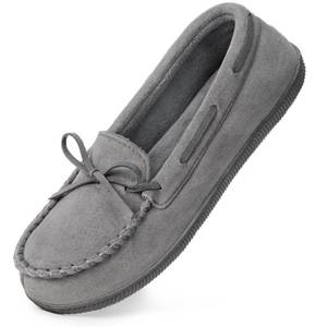 lot 1310 image: HomeTop Womens Moccasins House Slippers Indoor Outdoor Suede Faux Fur Rubber Sole Memory Foam House Shoes Sizes Breathable Microsuede Soft Home Slippers Grey, 8 US Retail $20.11