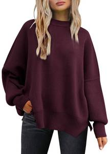 lot 1311 image: LILLUSORY Womens Oversized Batwing Sweaters 2024 Fall Outfits Crewneck Ribbed Knit Side Slit Trendy Pullover Tops WineRed L Retail $35.05