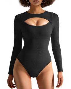 lot 1315 image: OMKAGI Cutout Body Suits for Womens Long Sleeve Ribbed Crew Neck Tops Bodysuits(XL,33-Black) Retail $18.31