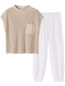lot 1318 image: ANRABESS Womens Two Piece Outfits Knit Sweater Pullover Crop Top & Pants Lounge Matching Tracksuit Sweatsuit Sets 2024 Trendy Loungewear Clothes Khaki White Large Retail $31.16