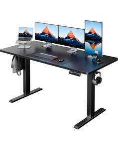 lot 1303 image: HUANUO 55 in x 24 in Electric Standing Desk Adjustable Height, 4 Memory Height Settings, Headphone Hook, Cable Manager, Sit Stand Up Desk for Home Office and Computer Workstation, Black.