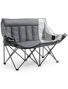 lot 1305 image: Dowinx Double Camping Chair Portable Folding Outdoor Loveseat with Side Pockets, Lawn Chair Camping Couch for BeachOutdoorPatio, Padded Seats & Armrests Supports up to 440lbs, Grey.