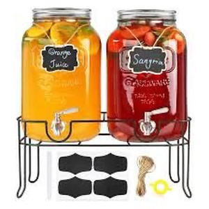 lot 2347 image: Accguan 2-Gallon Drink Dispenser,Glass Water Dispenser with Silver Lid and Stainless steel faucet,Black Iron Frame,Mason Drink Dispenser